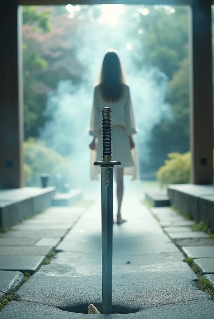 editorial photography,super detailed background,Super realistic,double exposure,depth of field,beauty super slender skinny vides,soft focus pure tone,narrative scene,White smoke rises from the blade of a long Japanese sword,the katana is stuck,girl beyond,Zen temple paving stones,