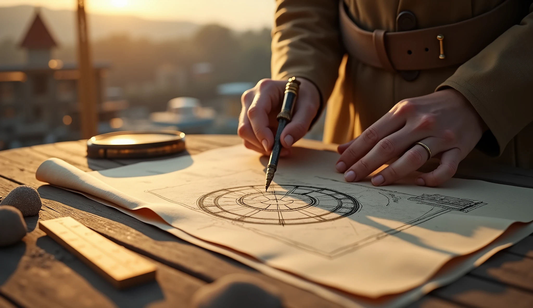 Create a hyper-realistic and mysterious image of a hand holding an ancient compass, drawing a perfect circle on an open parchment showing a sketch of an architectural plan. Next to the compass, a wooden ruler and a small pile of sand, symbolizing the time and precision required in planning. The background should be softly blurred, showing part of a construction in progress from a distance. The golden light should focus on the compass and the circle, creating a sense of order and intention, highlighting that careful planning is the key to building something lasting and prosperous.