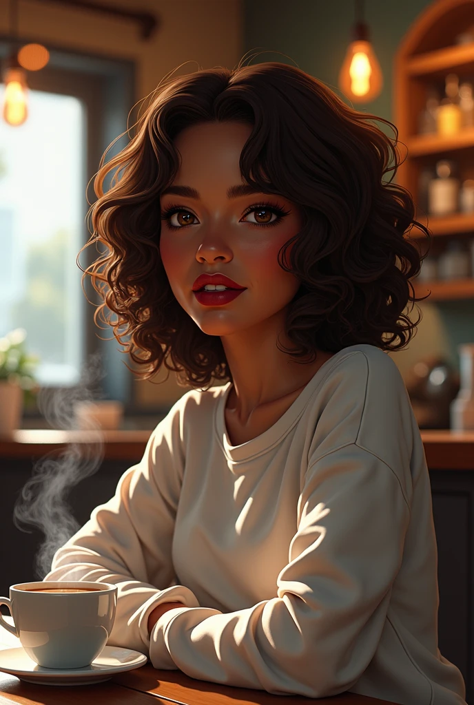 DC comic , A woman with brown skin, curly and brown hair, olhos amendoados, full mouth, wine lipstick, dressed in a sweatshirt, in a coffee shop 

