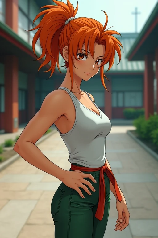 A live-action version of Kazuma Kuwabara as a woman。She has a muscular build to show her strength.、While keeping the hairstyle and hair color of the original character、Expressing femininity。The fashion is casual yet、Contains some challenging elements。The background is a schoolyard or a dojo.、Reflecting her activities