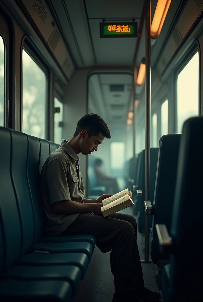 man sitting alone on a train reading a book, where he and the destination indicator stand out, where the vanishing point is evident