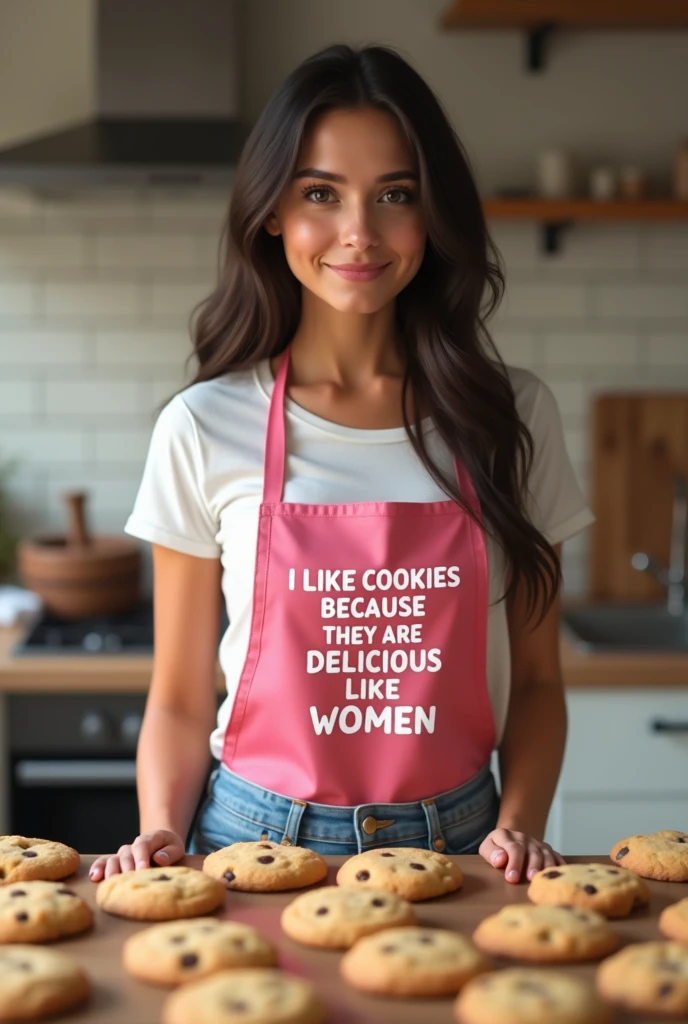 Realistic black-haired white-skinned woman, behind a kitchen counter full of cookies and dressed in a white T-shirt, blue jeans and a pink apron that says "I like cookies because they are delicious like women"