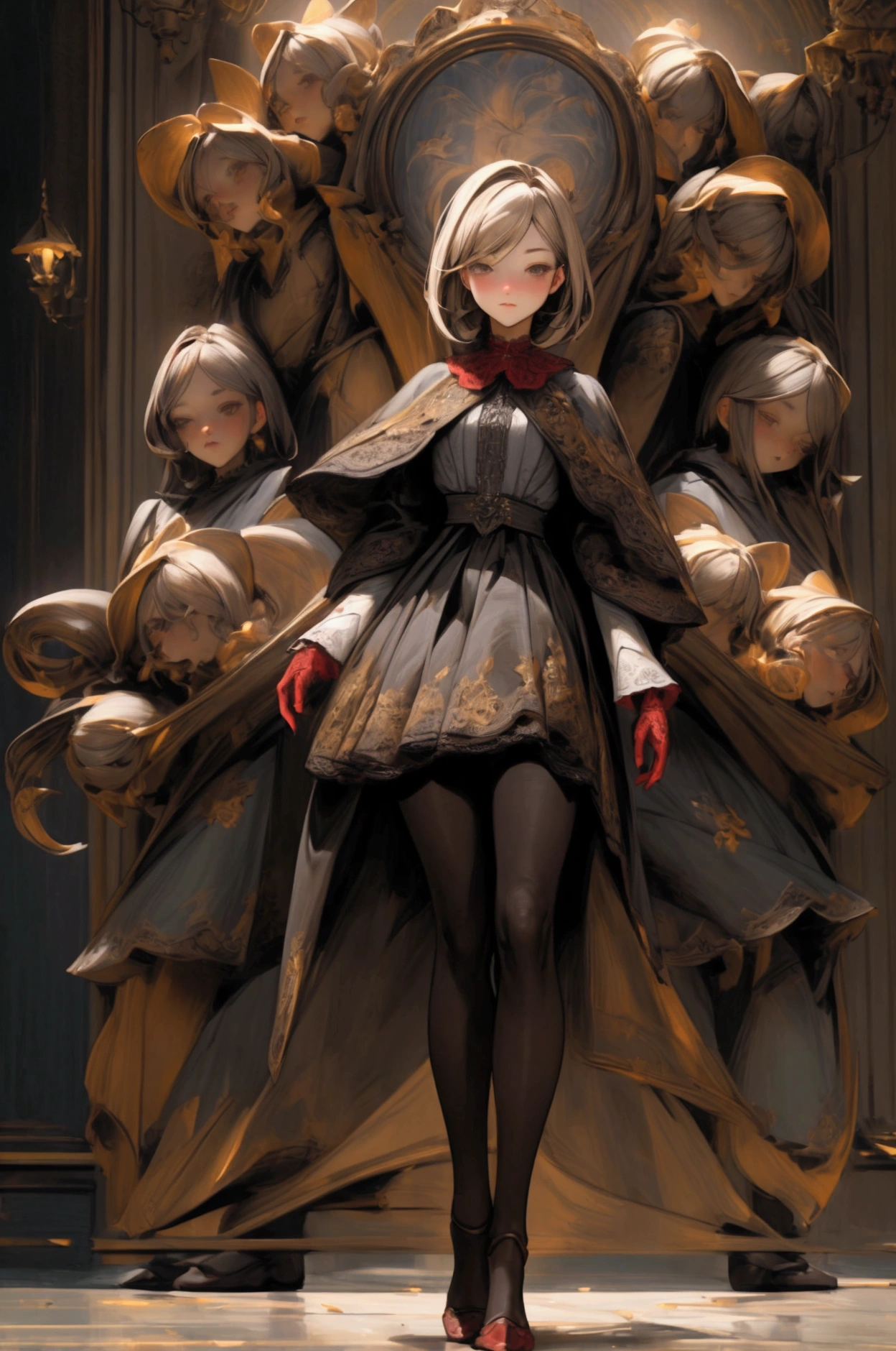 ((work of art, highest quallity)), face detailed, character design sheet，lesbian full body, full of detail, Various poses and expressions, highy detailed, DeepL, Many parts，Beautiful girl，cinematic lighting，with light shining，Red shirt，lace pantyhose