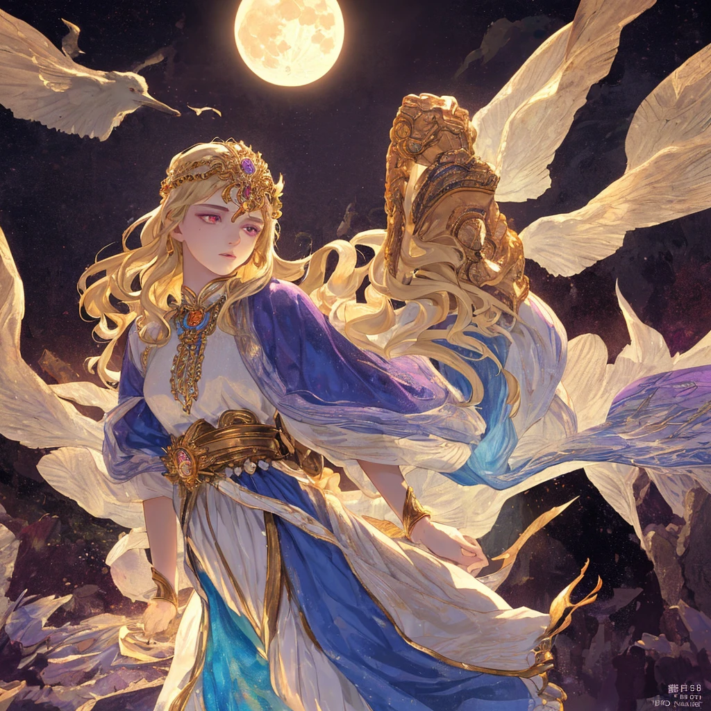 a beautiful 17 year old girl with perfect proportions, goddess of the moon, brunette with violet eyes, an 18 year old handsome boy with perfect proportions, god of the sun, blonde with orange eyes, highly detailed, photorealistic, 8k, ultra detailed, masterpiece, cinematic lighting, dramatic contrast, chiaroscuro, vibrant colors, dramatic colors, fantasy, ethereal, elegant, serene