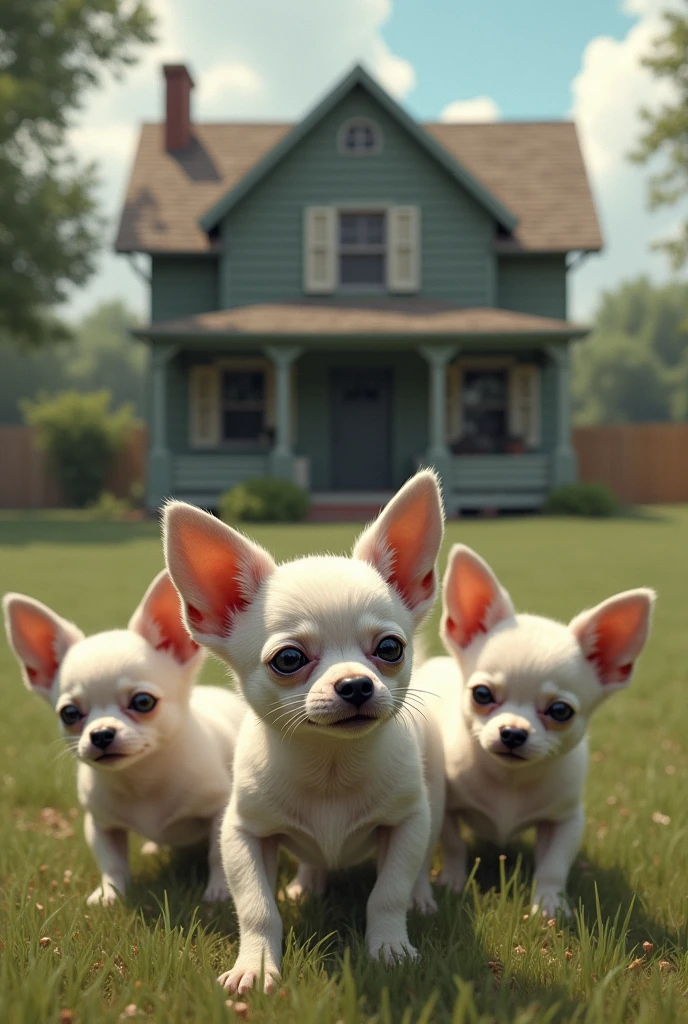 The white chihuahuas are very scared and in the background there is a house