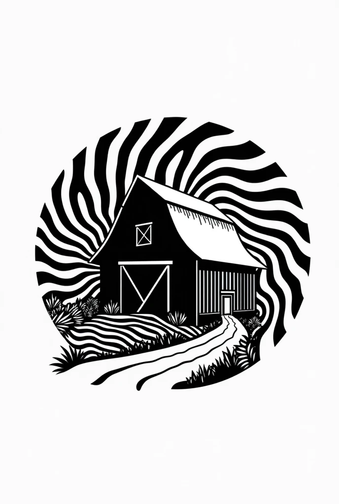 a black and white barn logo, with psychedelic details