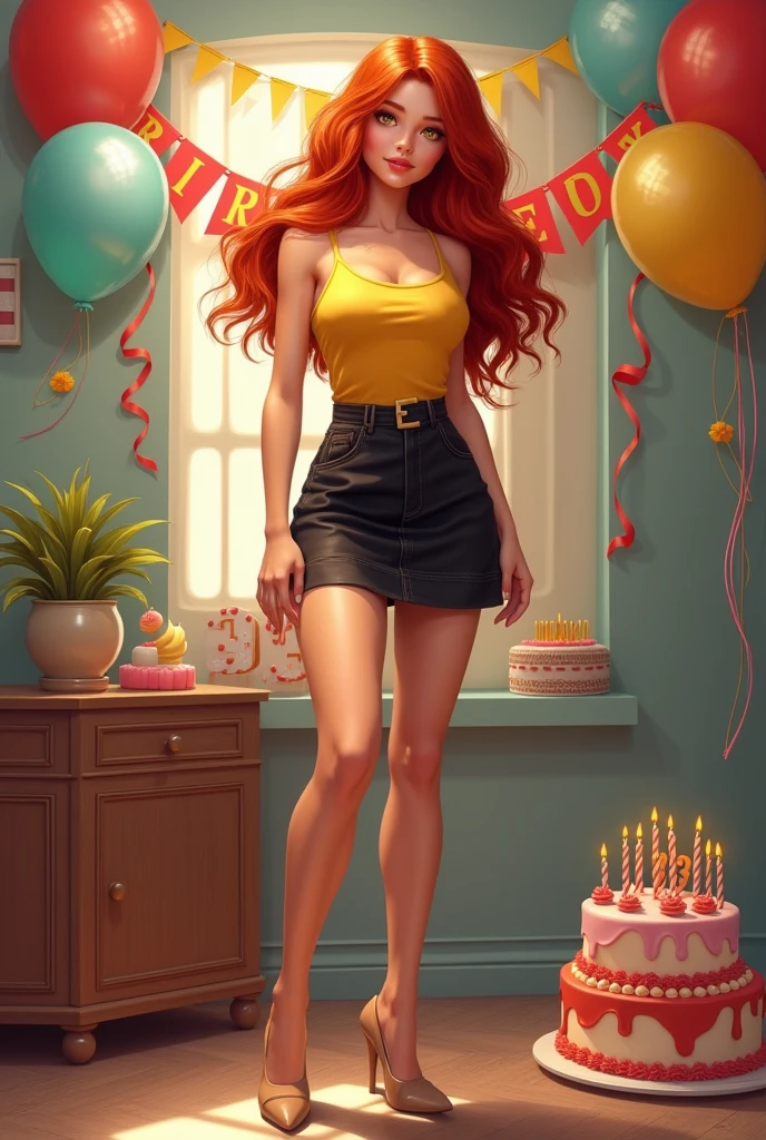 Long curvy redhead girl in yellow tank top, black skirt and beige heels with birthday cake with candles number 33 and balloons and birthday sign 
