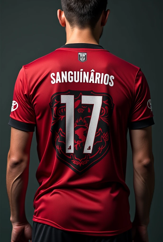 dark red shirt. football team style. dragon on the shield with the name Sanguinários and Physical Education 2021.1. On the back the number, below in the number the name "Seu Nome" and above the number the UFMA coat of arms.