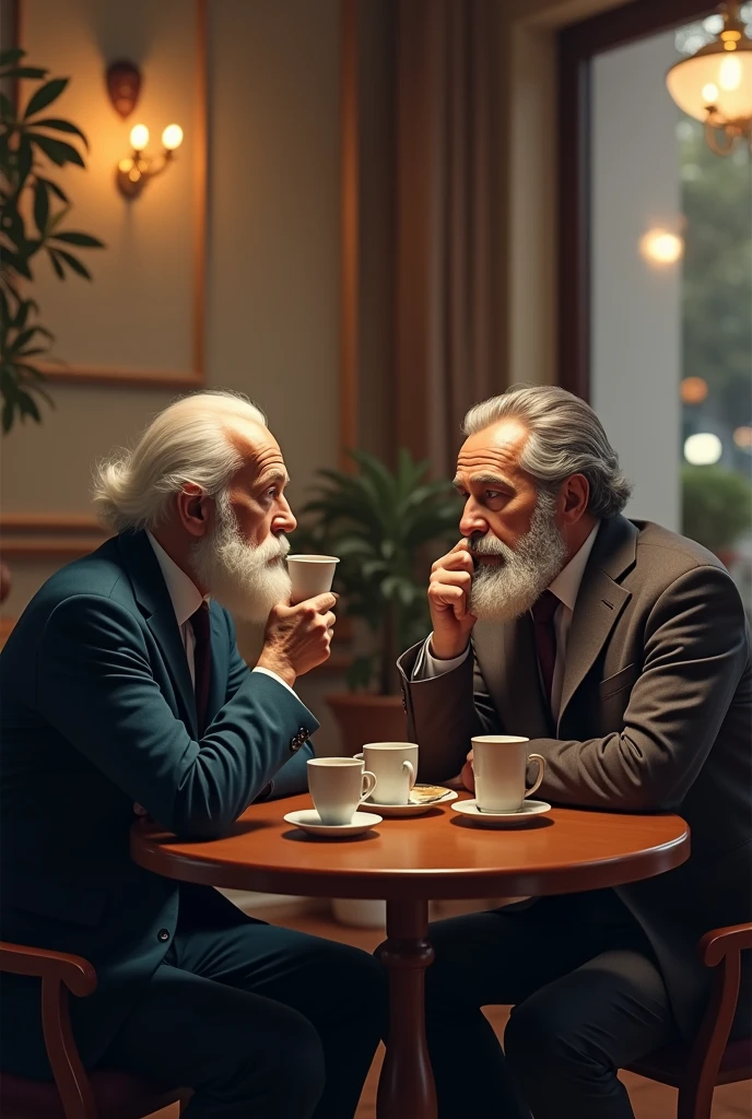 Imagine, still young, the illustrious and renowned psychoanalyst Sigmund Freud and the French psychoanalyst Jacques Lacan, still young, in a beautiful coffee shop, drinking their respective coffees, each one with their own cup, calmly, like someone talking about pleasantries.
Search for real images of Freud and Lacan on Google to reproduce their facial expressions and striking features