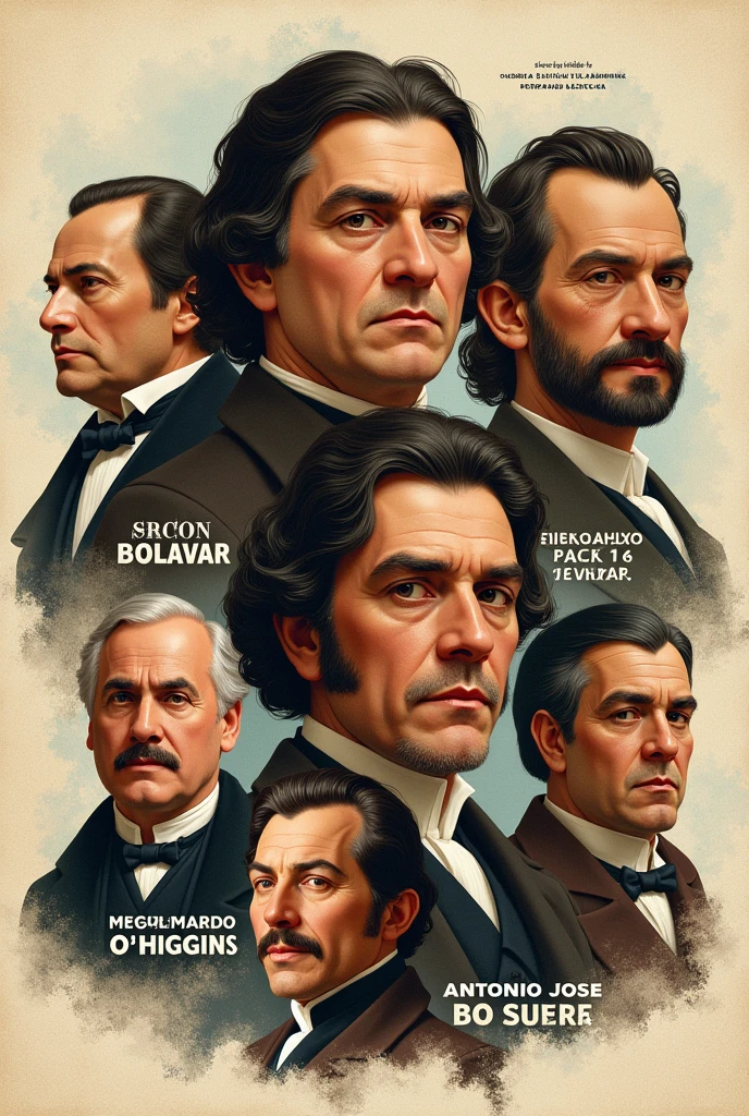 Make me a collage of Simon Bolivar, jose de san martin, Miguel Gregorio Antonio Ignacio Hidalgo,Bernardo O’Higgins,Francisco de Miranda and Antonio José de Sucre and please indicate who each one is