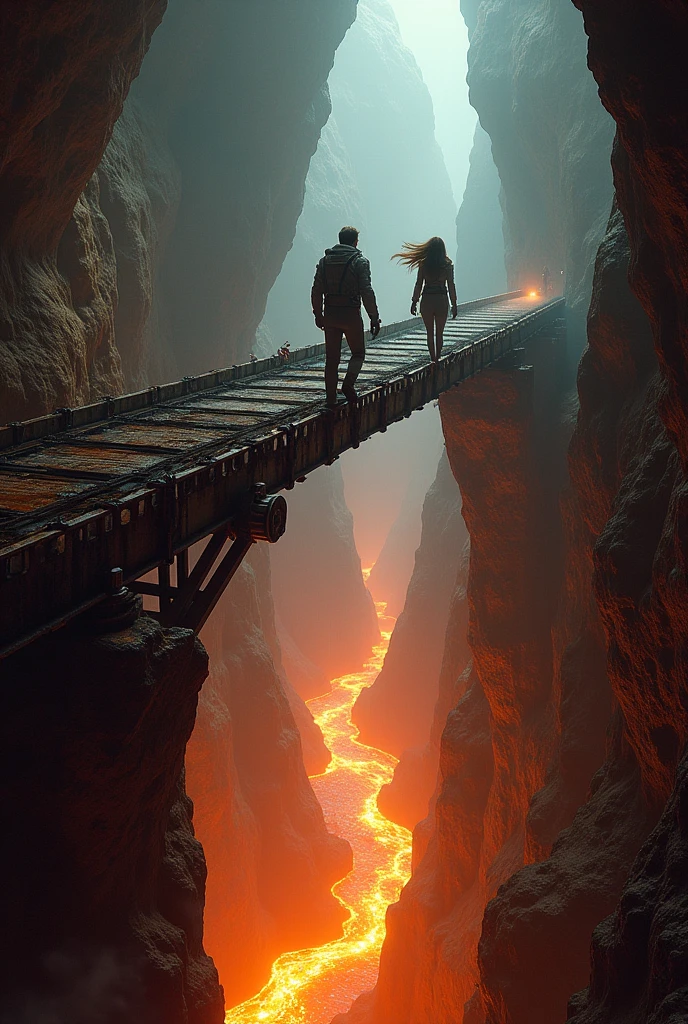 A dark cave with a cliff and a river of lava and a long, rusty iron bridge. connecting the exit of the cave and the other part of the cave with the exit to a mountain. And there are also two scientists, a young man and a woman with loose hair, about to cross the bridge.. The woman in the middle of the bridge and the man at the end of the bridge . And have a scientist suit