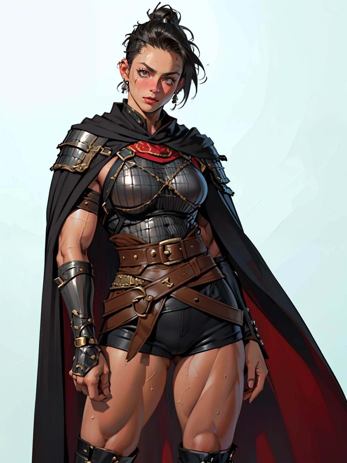 (high resolution, pixel perfect, gorgeous illustrations), (hyper quality, muste piece, etheric: 1.4), ((nsfw)), (((cowboy shot))), face focus, ((1girl)), (((Androgynous, boyish))), (((1))), (((((punk))))), hot Rocker punk girl, ((((sexy pose, open stance)))), cool atmosphere, black hair, ((((very_short_hair, slicked_back_hair)))), ((((piercing)))), (((Exquisite face))), blush, tattoo, (((((((muscular_female))))))), (thick thighs, wide hips, Big breasts that are about to burst), fighter, (((waist-cape armor))), ((highleg_leotard_armor)), (((cameltoe))), sweat, shiny skin, gleaming skin, simple background,