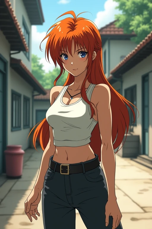 A live-action version of Kazuma Kuwabara as a woman。She has a muscular build to show her strength.、While keeping the hairstyle and hair color of the original character、Expressing femininity。The fashion is casual yet、Contains some challenging elements。The background is a schoolyard or a dojo.、Reflecting her activities