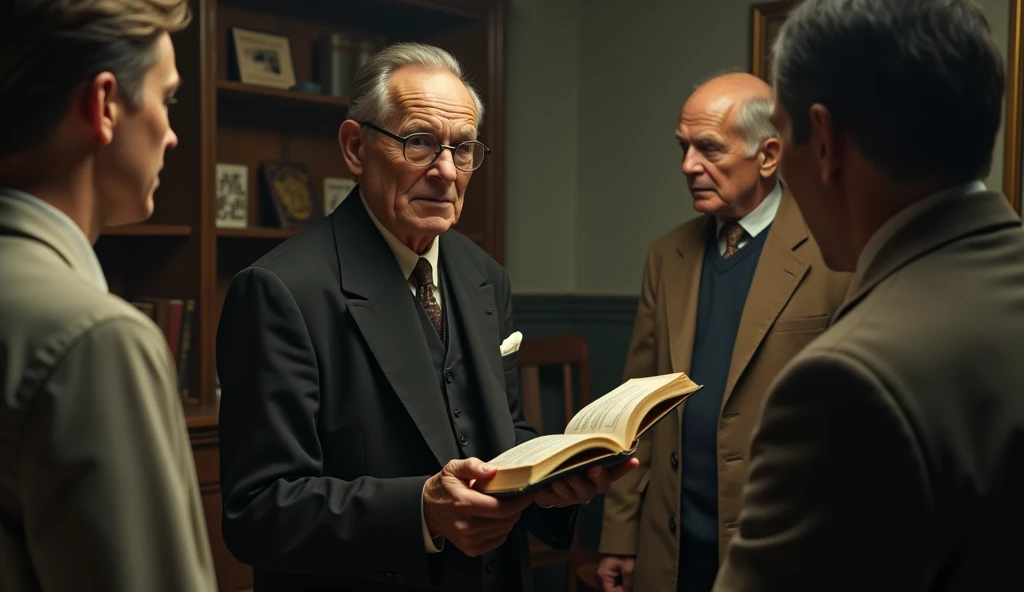An elderly man with a serene and contemplative expression is thin. He has short, dark hair, slightly balding in the front, slightly graying, no beard, and wears a classic 1930s suit, with small, square, prescription glasses and a discreet tie. Cayce is standing next to a vintage-looking chair in a setting reminiscent of an old-fashioned office, with books and papers in the background. The soft, diffuse lighting highlights his face, conveying an aura of wisdom and introspection. In one hand, he holds an open book, symbolizing his knowledge and psychic abilities. The scene has a nostalgic and mysterious tone, reflecting the enigmatic nature of his predictions and readings. talking to 4 people in the room