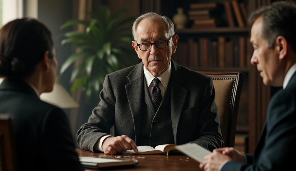 An elderly man with a serene and contemplative expression is thin. He has short, dark hair, slightly balding in the front, slightly graying, no beard, and wears a classic 1930s suit, with small, square, prescription glasses and a discreet tie. Cayce is standing next to a vintage-looking chair in a setting reminiscent of an old-fashioned office, with books and papers in the background. The soft, diffuse lighting highlights his face, conveying an aura of wisdom and introspection. In one hand, he holds an open book, symbolizing his knowledge and psychic abilities. The scene has a nostalgic and mysterious tone, reflecting the enigmatic nature of his predictions and readings. talking to 4 people in the room