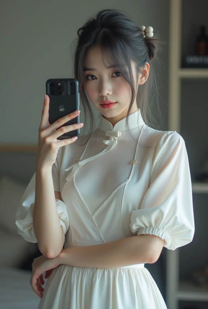 highly detailed, beautiful, hyper Realistic girl, masterpiece, best quality, Japanese sexy gravure woman, 28-years-old, identity hidden, all body shot, , takes a selfie in her room using a smartphone in front of a mirror with one hand, fashion model Posing, standing, looking away from the camera, /// gray arranged hair, light color eyes, Realistic skin, Detailed face, /// BREAK Cyber punk taste chinese dress, balloon Sleeves, white theme, mandarin collar, Circular silhouette skirt, gray, /// Monotone simple modern taste single room, mirror, complicated background
