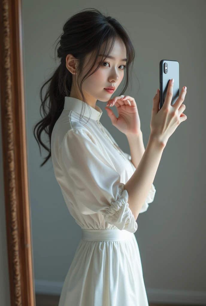 highly detailed, beautiful, hyper Realistic girl, masterpiece, best quality, Japanese sexy gravure woman, 28-years-old, identity hidden, all body shot, , takes a selfie in her room using a smartphone in front of a mirror with one hand, fashion model Posing, standing, looking away from the camera, /// gray arranged hair, light color eyes, Realistic skin, Detailed face, /// BREAK Cyber punk taste chinese dress, balloon Sleeves, white theme, mandarin collar, Circular silhouette skirt, gray, /// Monotone simple modern taste single room, mirror, complicated background