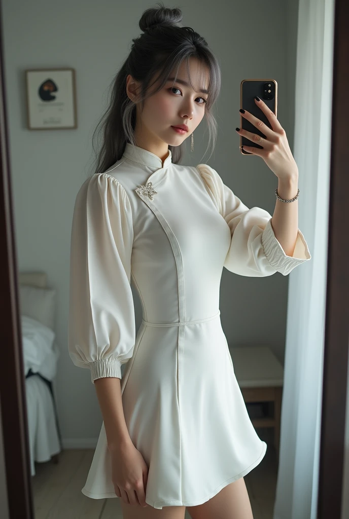 highly detailed, beautiful, hyper Realistic girl, masterpiece, best quality, Japanese sexy gravure woman, 28-years-old, identity hidden, all body shot, , takes a selfie in her room using a smartphone in front of a mirror with one hand, fashion model Posing, sitting, looking away from the camera, /// gray arranged hair, light color eyes, Realistic skin, Detailed face, /// BREAK Cyber punk taste chinese dress, balloon Sleeves, white theme, mandarin collar, Circular silhouette skirt, gray, /// Monotone simple modern taste single room, mirror, complicated background