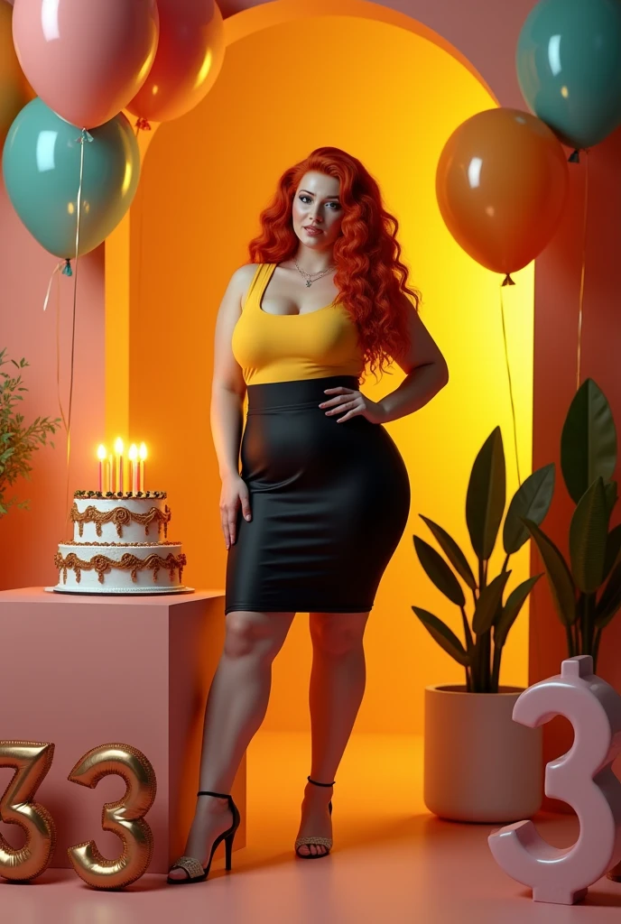 Long redhead curvy girl in yellow tank top, black skirt and beige heels with birthday cake with candles number 33 and balloons and birthday sign 

