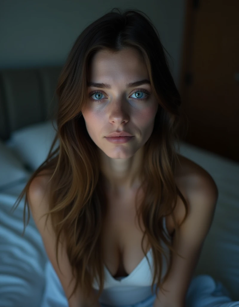 16:9 photograph, taken with a cell phone at a distance that shows the entire body, She is very young, At home in her bedroom, Normal night clothes, sad about lost love, long brown hair, a softened ironic smile - tears in her eyes, restrained excitement, soft lighting on her face, realistic textures of skin-clothes-hair, sky-blue eyes-carpeted mist, beautiful real textures and delicate aesthetics, full body view, notable for natural feminine beauty, noise, 8k quality, RAW PHOTO, by professional photographer, rule of thirds, extremely detailed