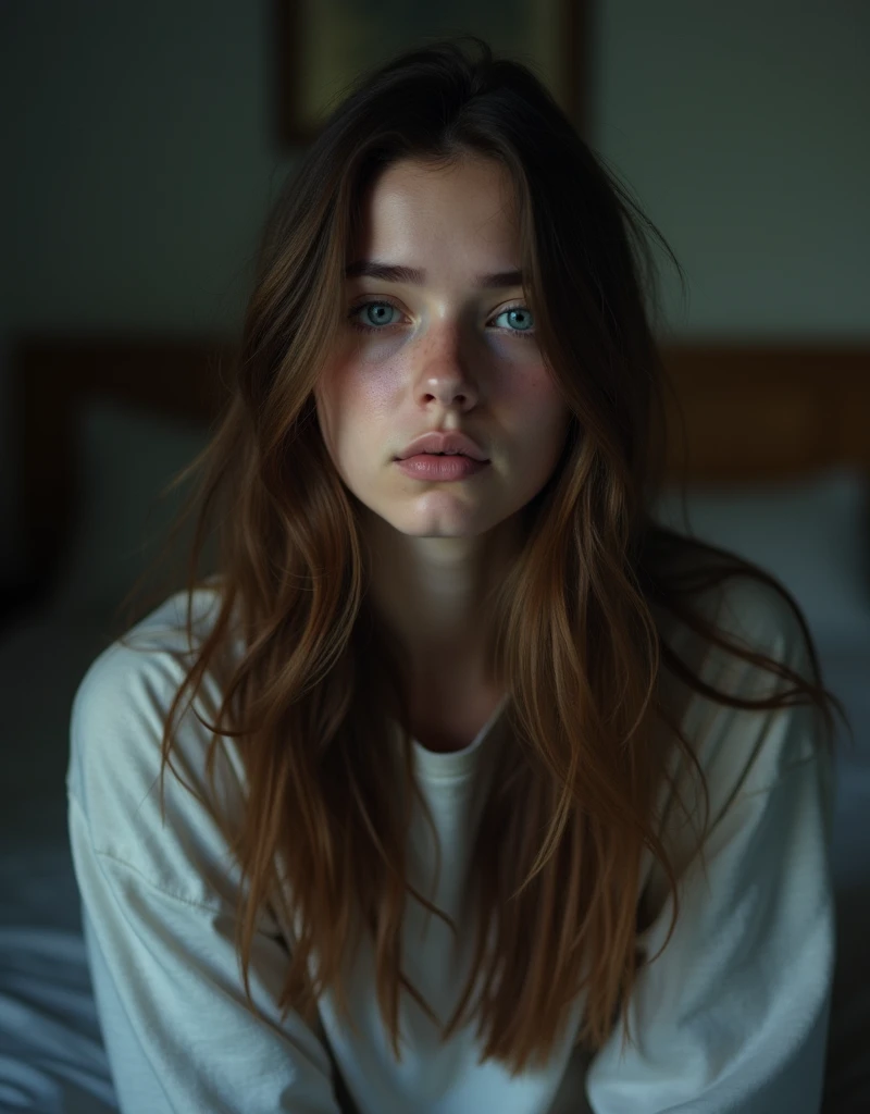 16:9 photograph, taken with a cell phone at a distance that shows the entire body, She is very young, At home in her bedroom, Normal night clothes, sad about lost love, long brown hair, a softened ironic smile - tears in her eyes, restrained excitement, soft lighting on her face, realistic textures of skin-clothes-hair, sky-blue eyes-carpeted mist, beautiful real textures and delicate aesthetics, full body view, notable for natural feminine beauty, noise, 8k quality, RAW PHOTO, by professional photographer, rule of thirds, extremely detailed