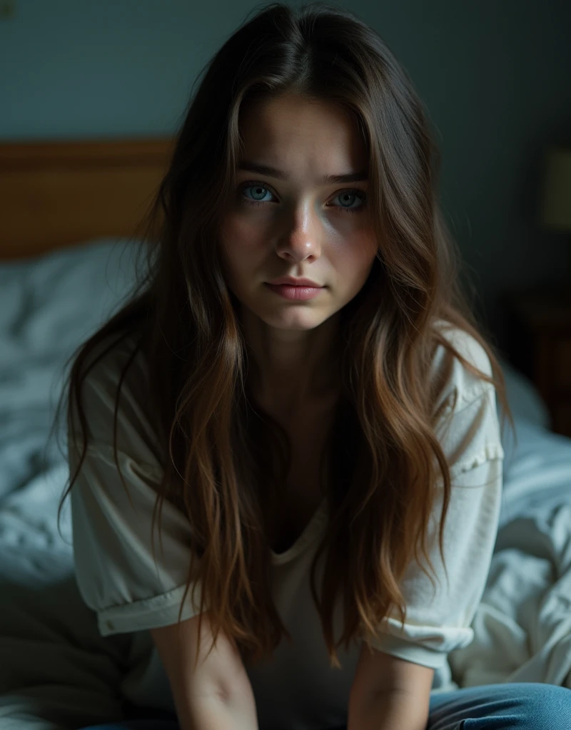 16:9 photograph, taken with a cell phone at a distance that shows the entire body, She is very young, At home in her bedroom, Normal night clothes, sad about lost love, long brown hair, a softened ironic smile - tears in her eyes, restrained excitement, soft lighting on her face, realistic textures of skin-clothes-hair, sky-blue eyes-carpeted mist, beautiful real textures and delicate aesthetics, full body view, notable for natural feminine beauty, noise, 8k quality, RAW PHOTO, by professional photographer, rule of thirds, extremely detailed