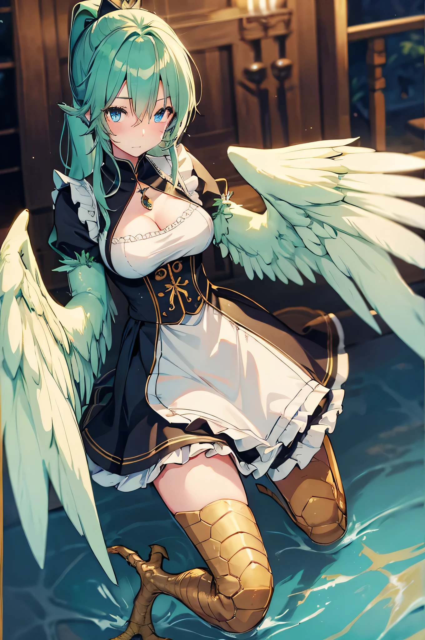 4K,High resolution,One Woman,Harpy,Green Hair,Long Ponytail,Blue eyes,Big Breasts,White Wings,Golden toenails,maid,White maid's clothes,Jewelry decoration,Medieval town