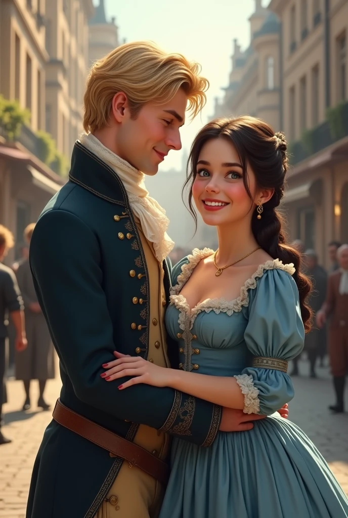 Young and happy couple from the Georgian era, 1810, London, England. Short woman with dark blonde hair, blue covered dress. Tall man with blond hair and deep blue eyes