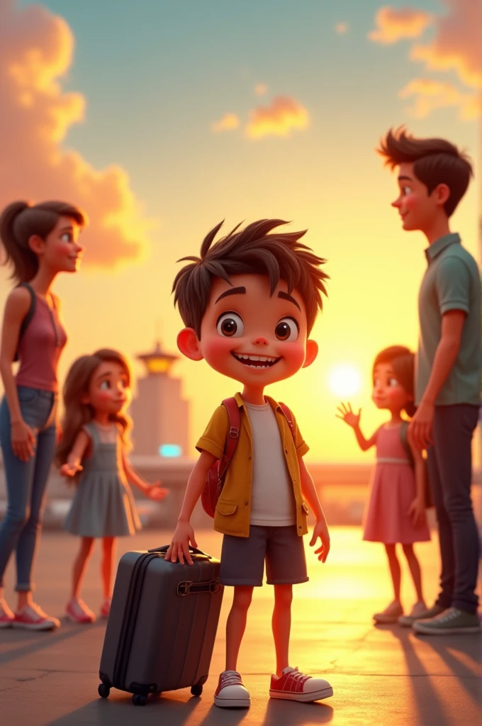  animated boy is standing with bright smile on face in sunset outside of airport with luggage bag and saying good bye to his mother , father and sister . 