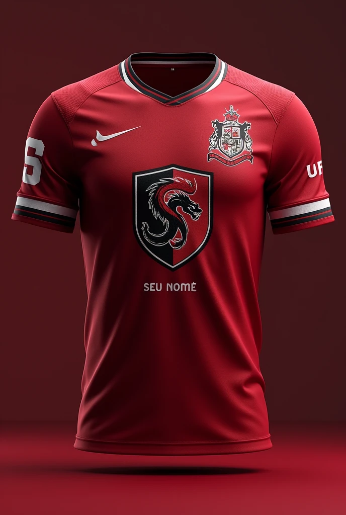 dark red shirt. football team style. dragon on the shield with the name Sanguinários and Physical Education 2021.1. On the back the number, below in the number the name "Seu Nome" and above the number the UFMA coat of arms.  Now the front part, In the same Style