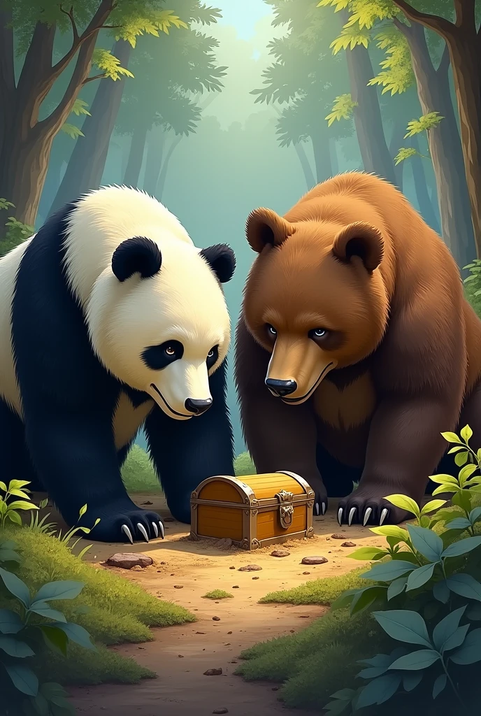 Make a picture of a panda bear and a brown bear digging in the ground finding a small chest the not so small bears