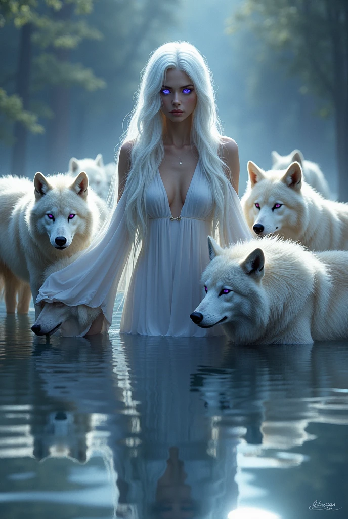 woman with white hair, violet eyes in a lake with wolves around
