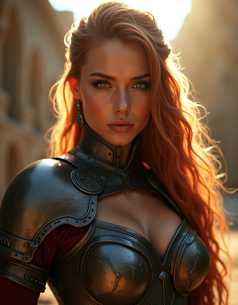 a realistic full body portrait of taarna, extremely detailed face and eyes, beautiful detailed lips, detailed skin texture, long flowing hair, warrior armor, medieval fantasy setting, sunlight, dramatic lighting, cinematic composition, photorealistic, 8k, high quality, masterpiece, intricate details, vibrant colors