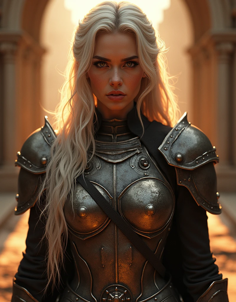 a realistic full body portrait of taarna, extremely detailed face and eyes, beautiful detailed lips, detailed skin texture, long flowing hair, warrior armor, medieval fantasy setting, sunlight, dramatic lighting, cinematic composition, photorealistic, 8k, high quality, masterpiece, intricate details, vibrant colors