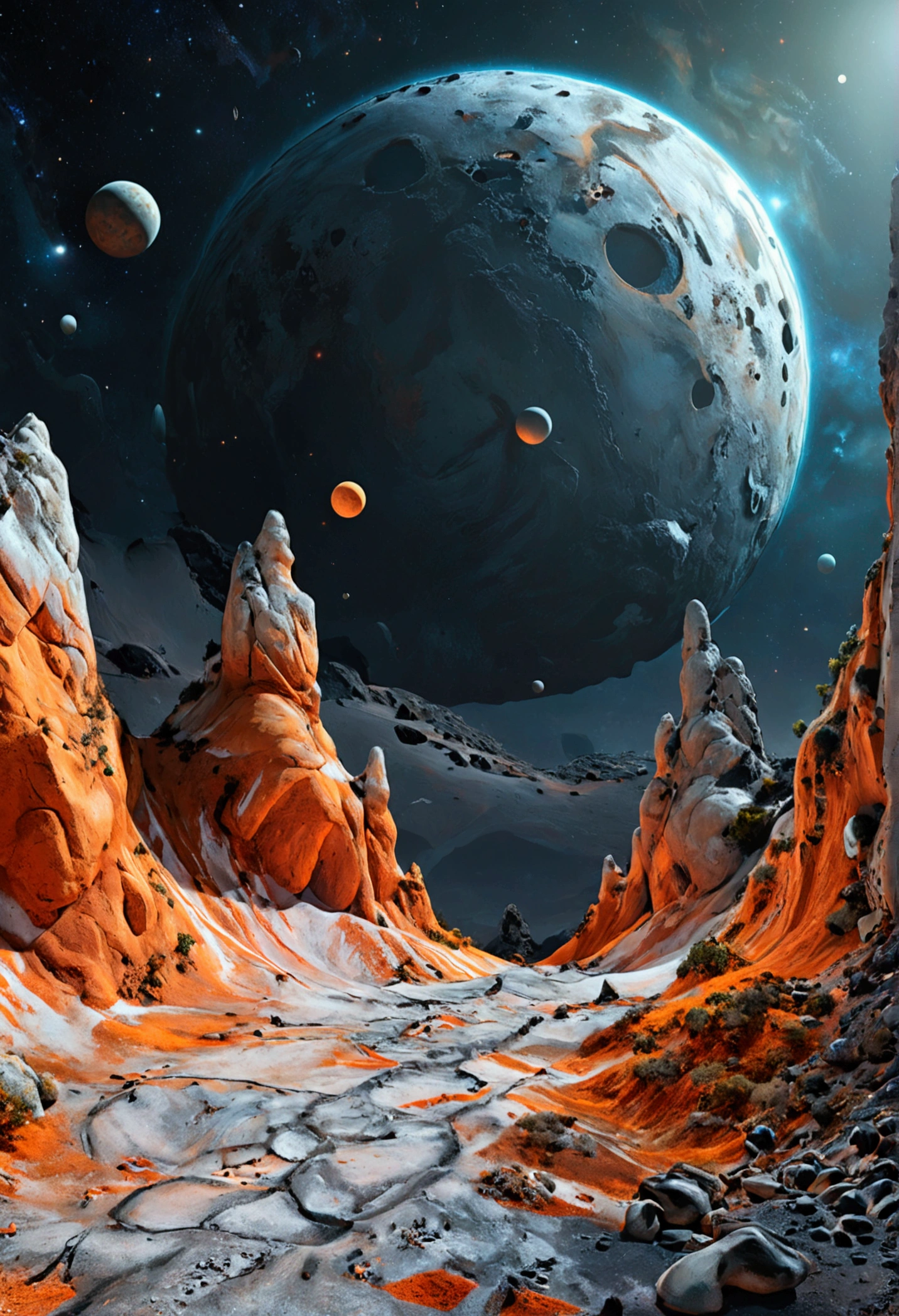 An otherworldly landscape filled with abstract geometrical hills and rocks scattered around. The texture of the ground is it's a gradient feom orange to white and few black touches. Floating geometrical 3D shapes levitating above ground ground all over. The word "500" made of 3D alien mineral and is on the center of the scene emerging from the ground. It's night time and the sky is pitch black full of stars and planets very visible. Realistic, hyperrealism, high resolution, extreme details, extreme quality, volumetric lighting, sharp details, 4k hdr