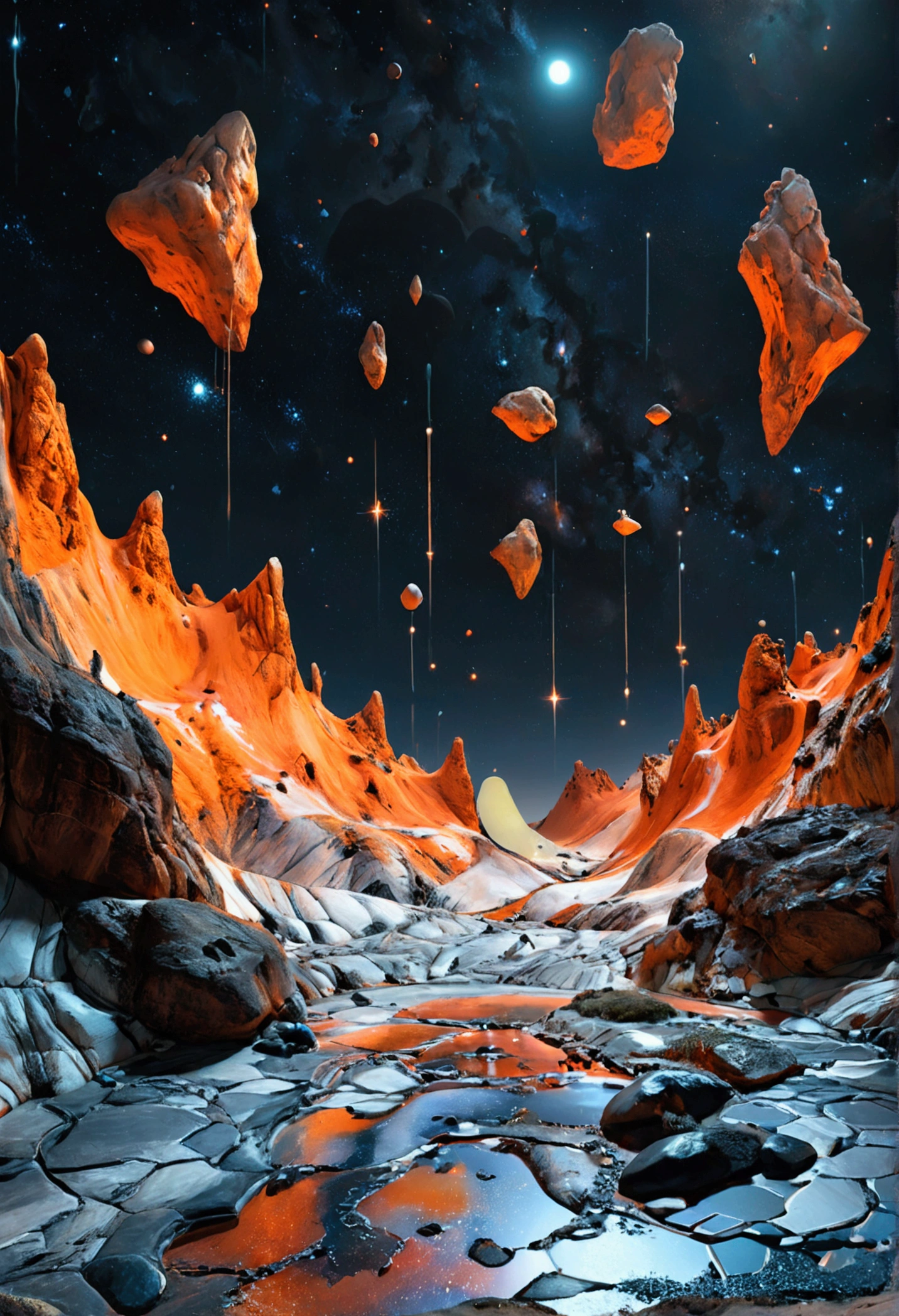 An otherworldly landscape filled with abstract geometrical hills and rocks scattered around. The texture of the ground is it's a gradient feom orange to white and few black touches. Floating geometrical 3D shapes levitating above ground ground all over. The word "500" made of 3D alien mineral and is on the center of the scene emerging from the ground. It's night time and the sky is pitch black full of stars and planets very visible. Realistic, hyperrealism, high resolution, extreme details, extreme quality, volumetric lighting, sharp details, 4k hdr