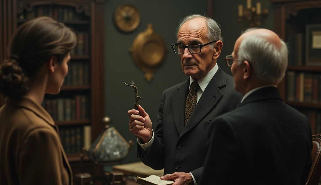 An elderly man with a serene and contemplative expression, thin. He has short, dark hair, slightly balding in the front, slightly graying, no beard, and wears a classic 1930s suit, with small, square, prescription glasses and a discreet tie. Cayce is standing next to a vintage-looking chair in a setting reminiscent of an old-fashioned office, with books and papers in the background. The soft, diffuse lighting highlights his face, conveying an aura of wisdom and introspection. In one hand, he holds a prophecy object, symbolizing his psychic knowledge and abilities. The scene has a nostalgic and mysterious tone, reflecting the enigmatic nature of his predictions and readings. talking to 4 people in the room