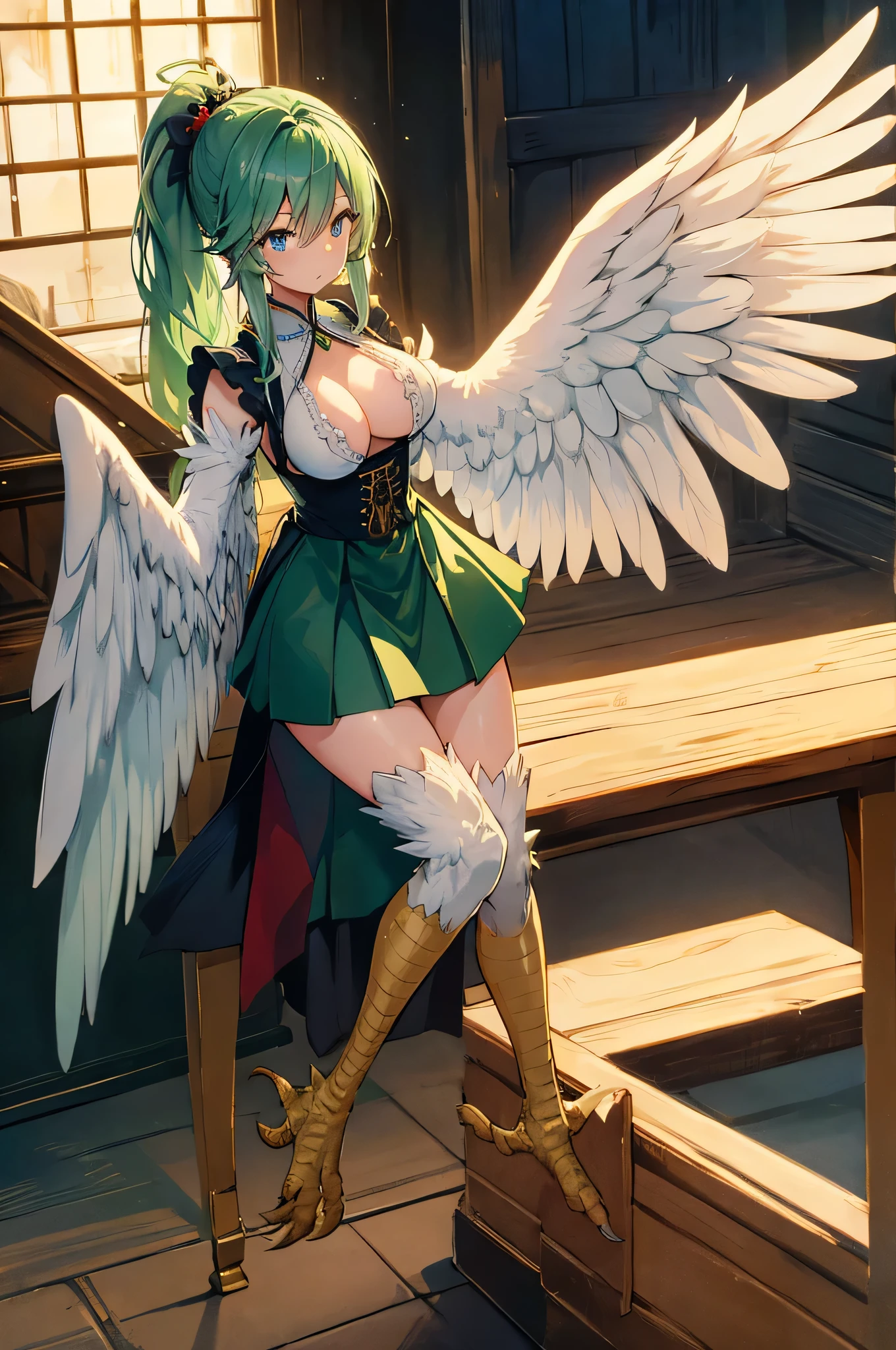 4K,High resolution,One Woman,Harpy,Green Hair,Long Ponytail,Blue eyes,Big Breasts,White Wings,Golden toenails,maid,White maid's clothes,Jewelry decoration,Medieval town