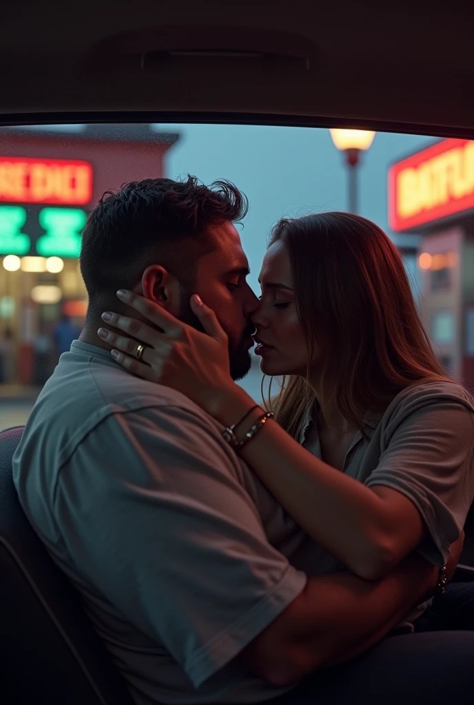 A fat man, kissing another malnourished young man with straight hair in a car with a gas station in the background