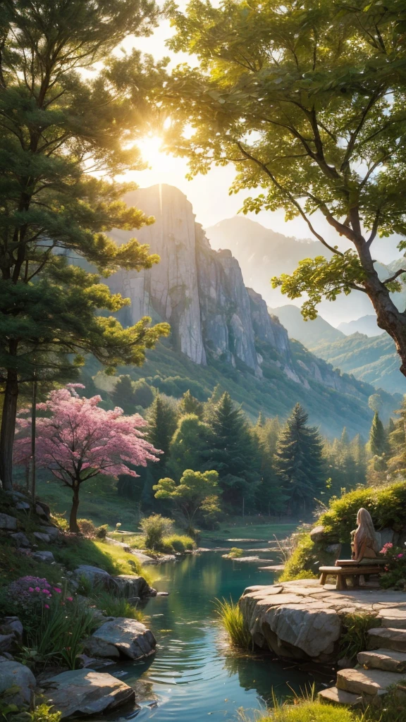 fairytale view with ornamented fantasy fairy garden in a wide steep valley with huge dramatic mountains in the distance,springtime,large ornamental lawns, very deep clear brightly glowing natural pond, koi carp, rocks plants flowers shrubs trees moss lawns grass animals,sunrise and strong sunbeams,very hazy,extreme details,photorealistic,4k,HD,beautiful,nature, dreamy, low shot,ground level photo