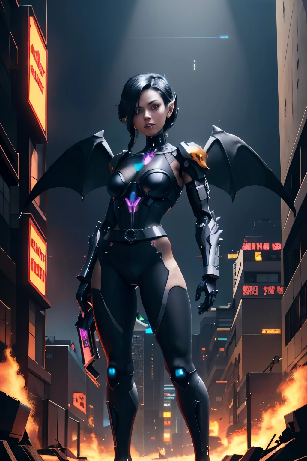 (8k), high-detailed face,work of art, Bela , gigantic black cyborg wings, wings have neon lights, open wings,, in tight metal armor, metallic belt, Electronic armature elements, 20 year, the skin beneath the suit has shiny lines, shoulder length black hair, a cyborg eye, Standing, serious expression, cinematic lighting, Burning cyberpunk city in the distance, flat-chested