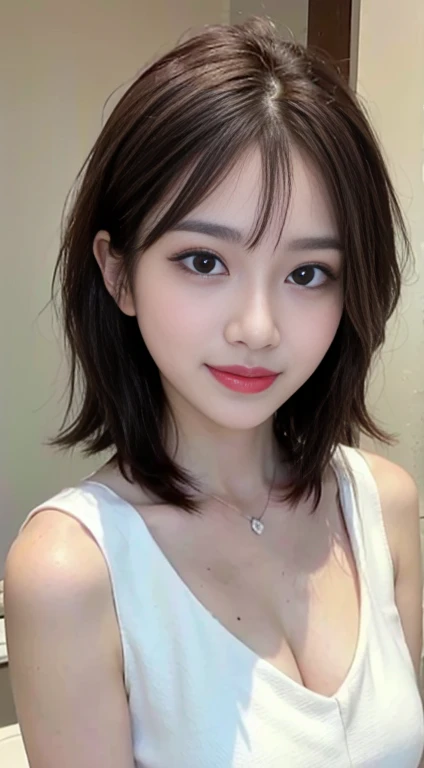 blush a little and smile, (Top quality masterpiece:1.2) Delicate illustrations, Very detailed, /Beautiful Japanese Women、1 person,Very cute and slim、Great style 、((8k images、super high quality))、Very delicate face, Skin and Hair、Big Breasts、beautifule forehead、Red lipstick、(((((short hair、Brown Hair、lure))))),Very cute Japanese cut face、Eyes and nose are clearly visible、Kind eyes,((((White sleeveless formal dress))))