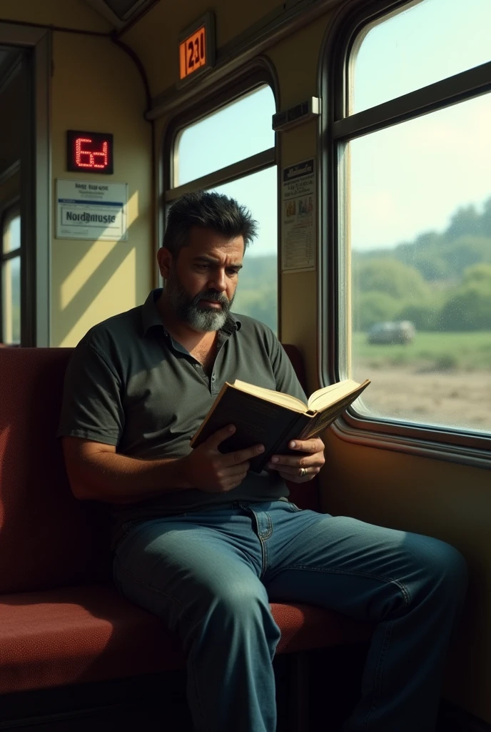 Man with Colombian characteristics, who finds himself sitting alone on a train reading a book, where he and the destination indicator stand out, where the vanishing point is evident