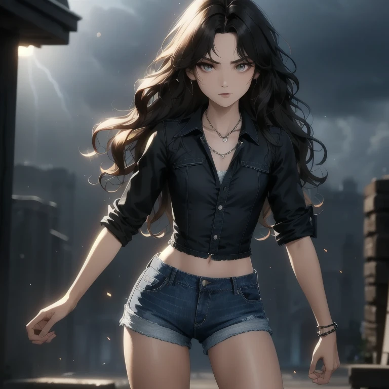 ((Medium chest, long hair, Small head)), Day Light, lighting sun, (well defined abdomen: 1.1), (perfectbody: 1.1), (short and wavy hair: 1.2), russet hair, collared, chain, photo by full body, poor street, wearing a black blouse, jeans jacket, ((Shorts)), (extremely detailed 8k cg wallpaper), (extremely delicate and beautiful), (work of art), (best qualityer: 1.0), (ultra resolution: 1.0), beautiful lighting, Perfect lightning, realistic shadows, [high resolution], detailed skins, ultra detaild