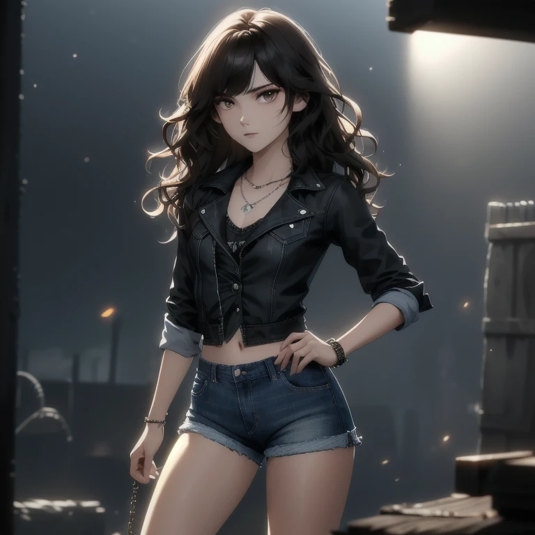 ((Medium chest, long hair, Small head)), Day Light, lighting sun, (well defined abdomen: 1.1), (perfectbody: 1.1), (short and wavy hair: 1.2), russet hair, collared, chain, photo by full body, poor street, wearing a black blouse, jeans jacket, ((Shorts)), (extremely detailed 8k cg wallpaper), (extremely delicate and beautiful), (work of art), (best qualityer: 1.0), (ultra resolution: 1.0), beautiful lighting, Perfect lightning, realistic shadows, [high resolution], detailed skins, ultra detaild