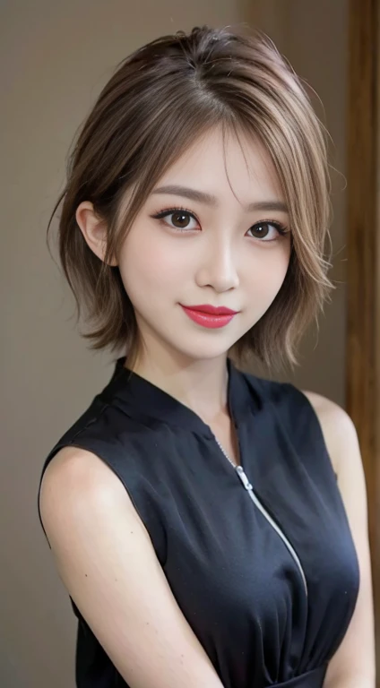 blush a little and smile, (Top quality masterpiece:1.2) Delicate illustrations, Very detailed, /Beautiful Japanese Women、1 person,Very cute and slim、Great style 、((8k images、super high quality))、Very delicate face, Big Breasts、Skin and Hair、beautifule forehead、Red lipstick、(((((short hair、Blonde、lure))))),Very cute Japanese cut face、Eyes and nose are clearly visible、Kind eyes,((((black sleeveless formal dress))))