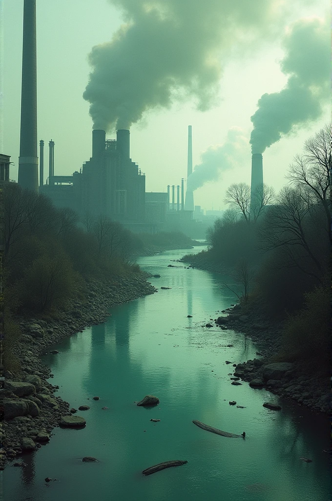 humans dump toxic waste from factories and laboratories into the river, making the water appear increasingly murky and polluted and the background of smoky factories 