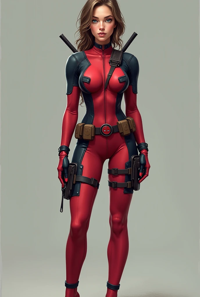 The woman with the delicate and feminine face, with intense light blue eyes, straight and thin nose, and a small, oval mouth, dresses in a realistic looking Deadpool suit. The suit is red and white, with a big "D" in the back, and has a button and belt design on the torso.

The suit is tight and revealing, showing off her feminine curves and athletic stance. Her breasts are natural and do not have an exaggerated shape., with a little bit of glans visible. Her waist is slim and defined, and her legs are long and slender, with powerful thighs and delicate ankles. Her feet are bare and perfectly shaped, with red painted nails.

His face is open and youthful, with a relaxed expression and a touch of irony in his eyes. Her hair is light brown and soft., with roots collected in a casual style. The suit does not have an exaggerated touch of glamour or fantasy.; It is an action and adventure suit, perfect for a heroine like her.
