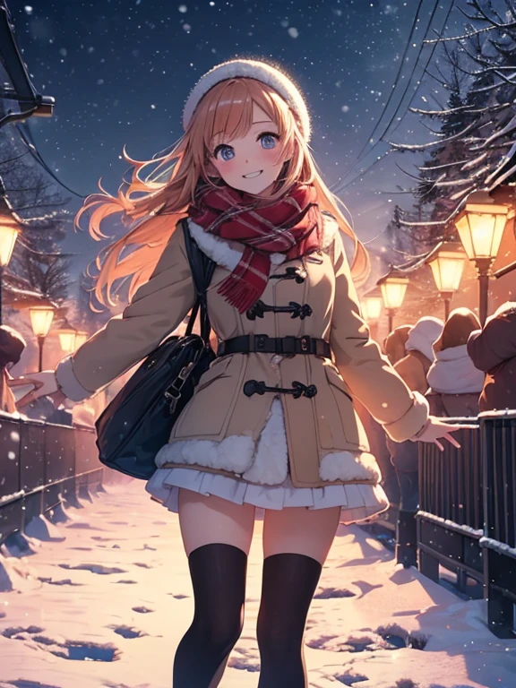 (best Quality), (masterpiece), (ultra high resolution), full body, age girl, big smile, strawberry blonde, long, mini skirt, knee high socks, duffle coat, winter scarf, city, winter, ((snowing)), (decorated illuminations), ((night view))