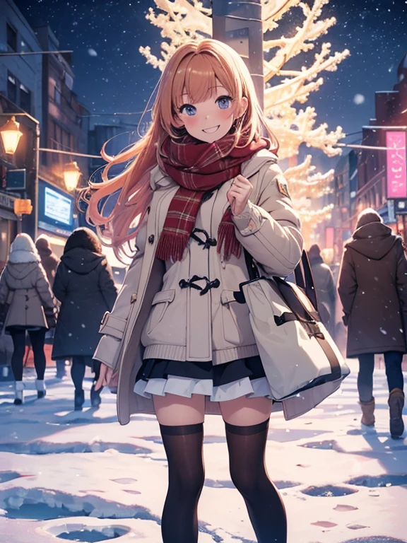 (best Quality), (masterpiece), (ultra high resolution), full body, age girl, big smile, strawberry blonde, long, mini skirt, knee high socks, duffle coat, winter scarf, city, winter, ((snowing)), (decorated illuminations), ((night view))
